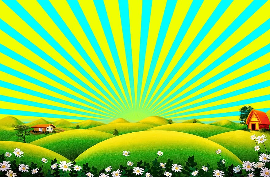 saulėtekis, Ukraina, taika, saulės spinduliai, laukai, pievos, mėlyna, geltona, ūkis, kaimo, ūkio kiemas