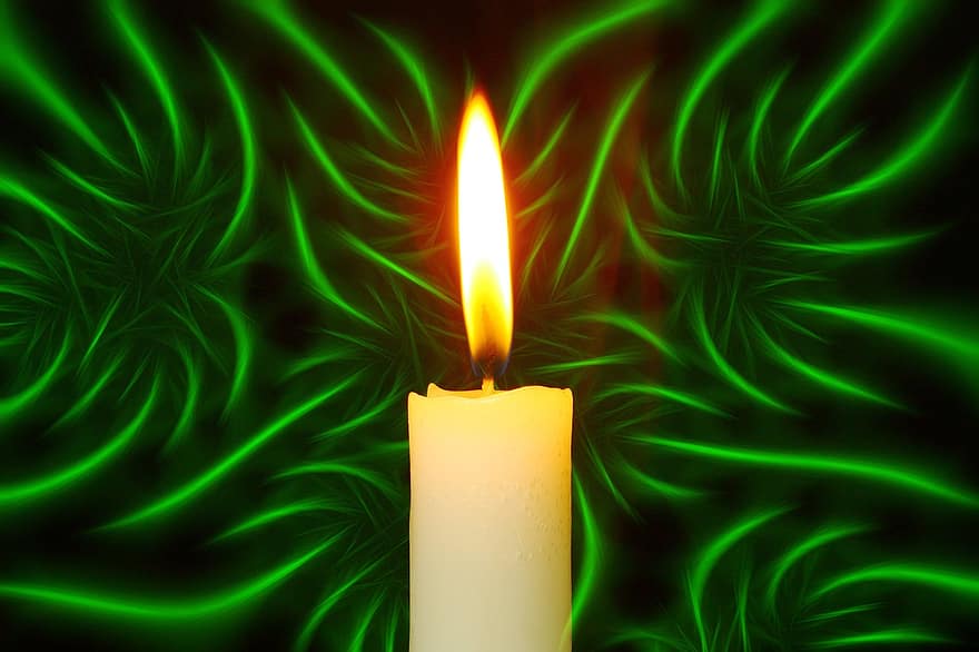 свещ, блестящ, фитил, пламък, заден план, зелен