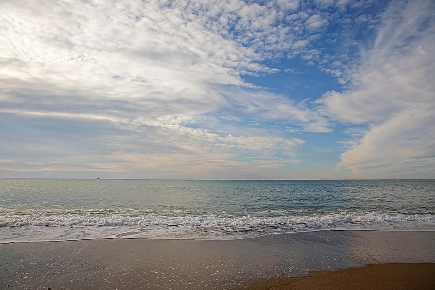 Strand, hav, himmel, skyer, horisont, sand, sand-, sandstrand, shore, strandlinjen, bølger