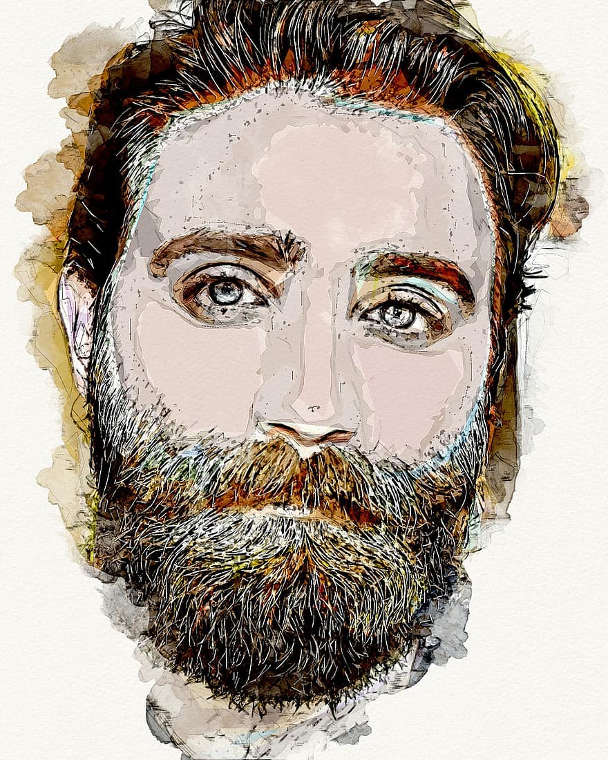 брадат, мъж, портрет, дигитално изкуство, брада, мустак