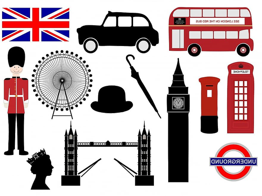 Λονδίνο, εικονίδια, σύμβολα, στρατιώτης, βασίλισσα, γέφυρα πύργου, γέφυρα, το μάτι του Λονδίνου, τηλέφωνο, κουτί, παράγκα