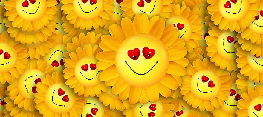 mặt cười, vui sướng, tim, yêu và quý, nụ cười, bông hoa, màu vàng, hoa, nhiều, biểu tượng cảm xúc, buồn cười