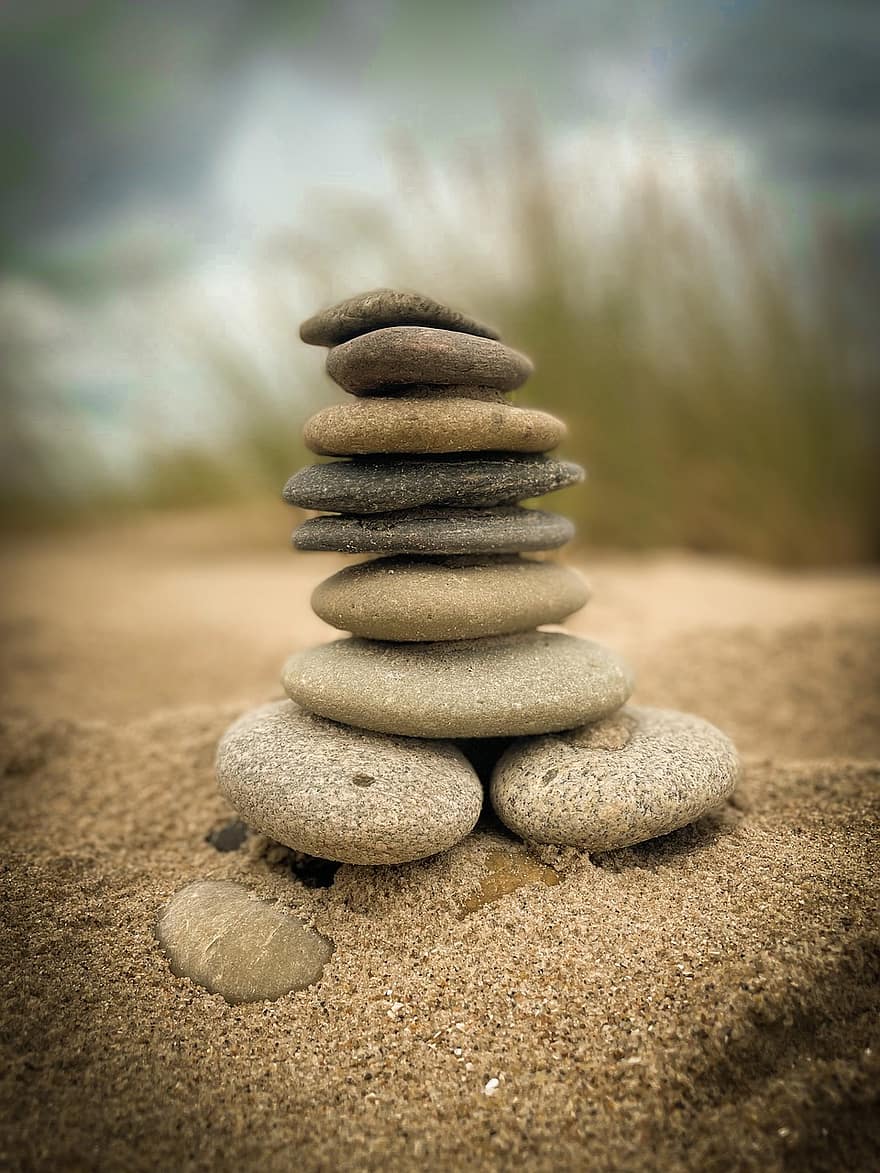 batu, pasir, tumpukan, keseimbangan, kerikil, stabilitas, tumpukan batu, merapatkan, adegan yang tenang, bahan batu