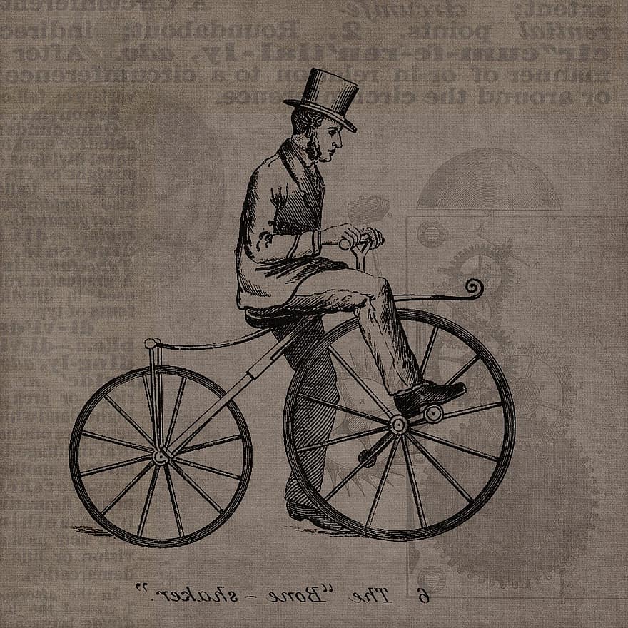 포도 수확, Steampunk, 자전거, 특허, 배경, 그런지, 수송, 유행, 그림, 사람, 세피아