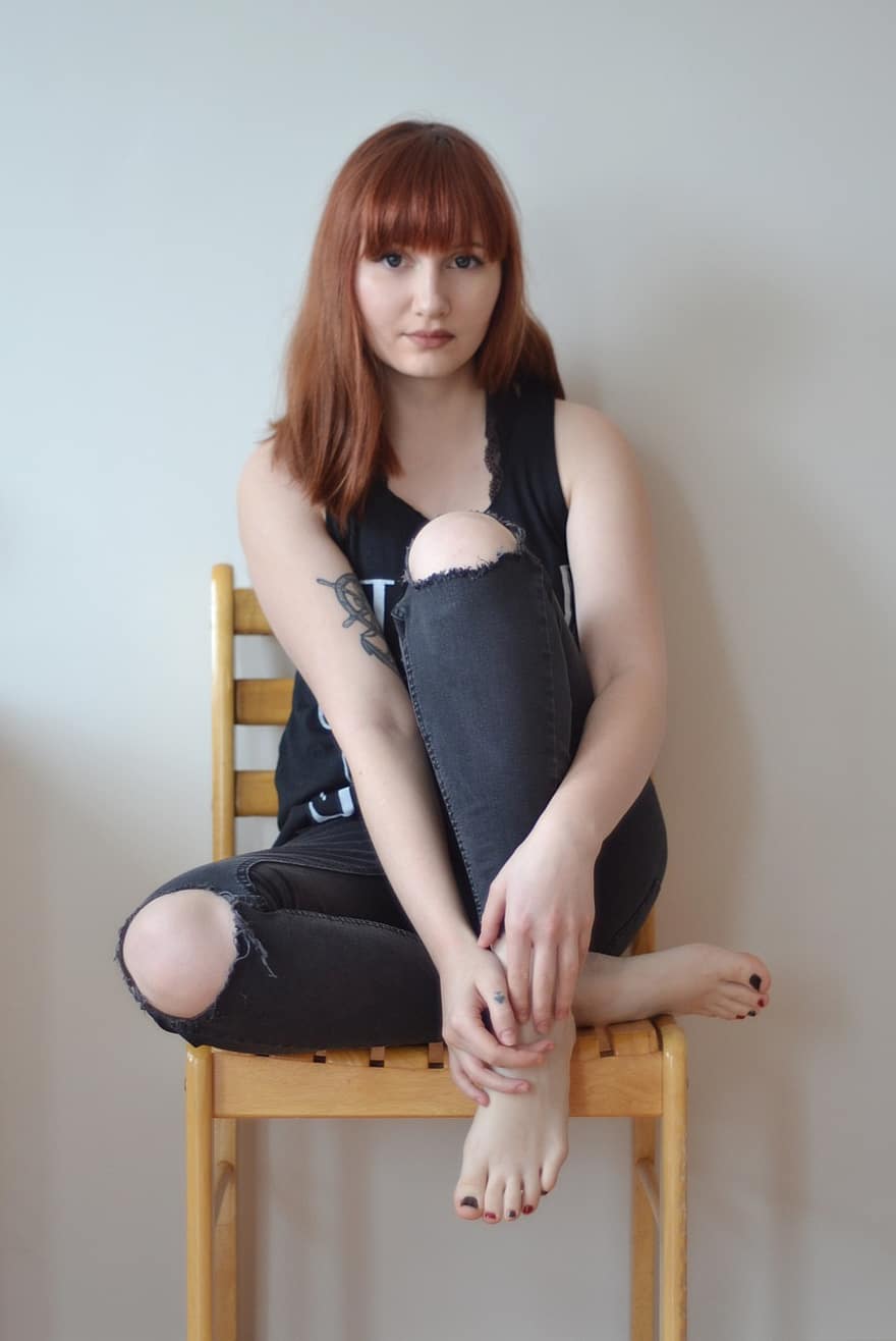Girl, Teen, Sitting, Jeans, Barefoot, Woman, Teenager, Pose, Smile, Chair, Redhead