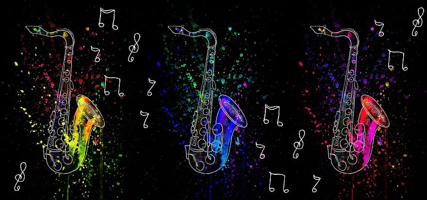 saxophone, Âm nhạc, màu nước, dụng cụ, ghi chú, làn điệu, nhạc cụ, nhạc cụ hơi, Đầy màu sắc, vết ố, nghệ thuật