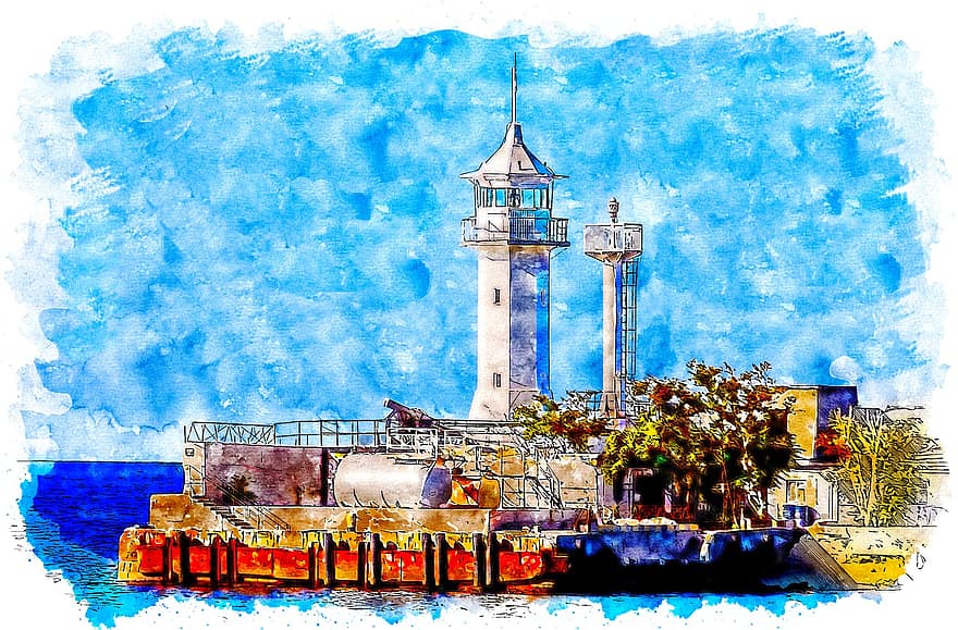 Yalta, Lighthouse, Crimea, Russia, Watercolor, Style, Aquarelle, Art, Blue, Calm, Colorful