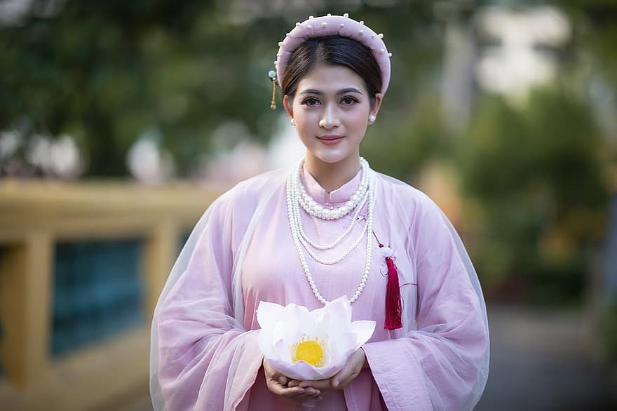sieviete, jaunieši, modeli, tradicionālais tērps, ao dai, Garš rozā, skaistums, kaukāzietis, modē, persona, Vjetnama
