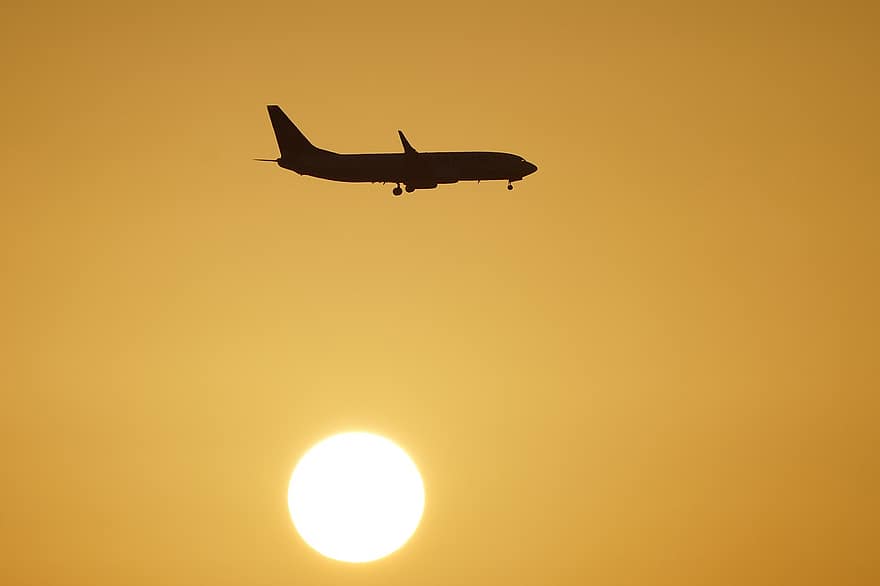 avion, zbor, apus de soare, aviaţie, vehiculul aerian, avionul comercial, transport, amurg, soare, siluetă, lumina soarelui