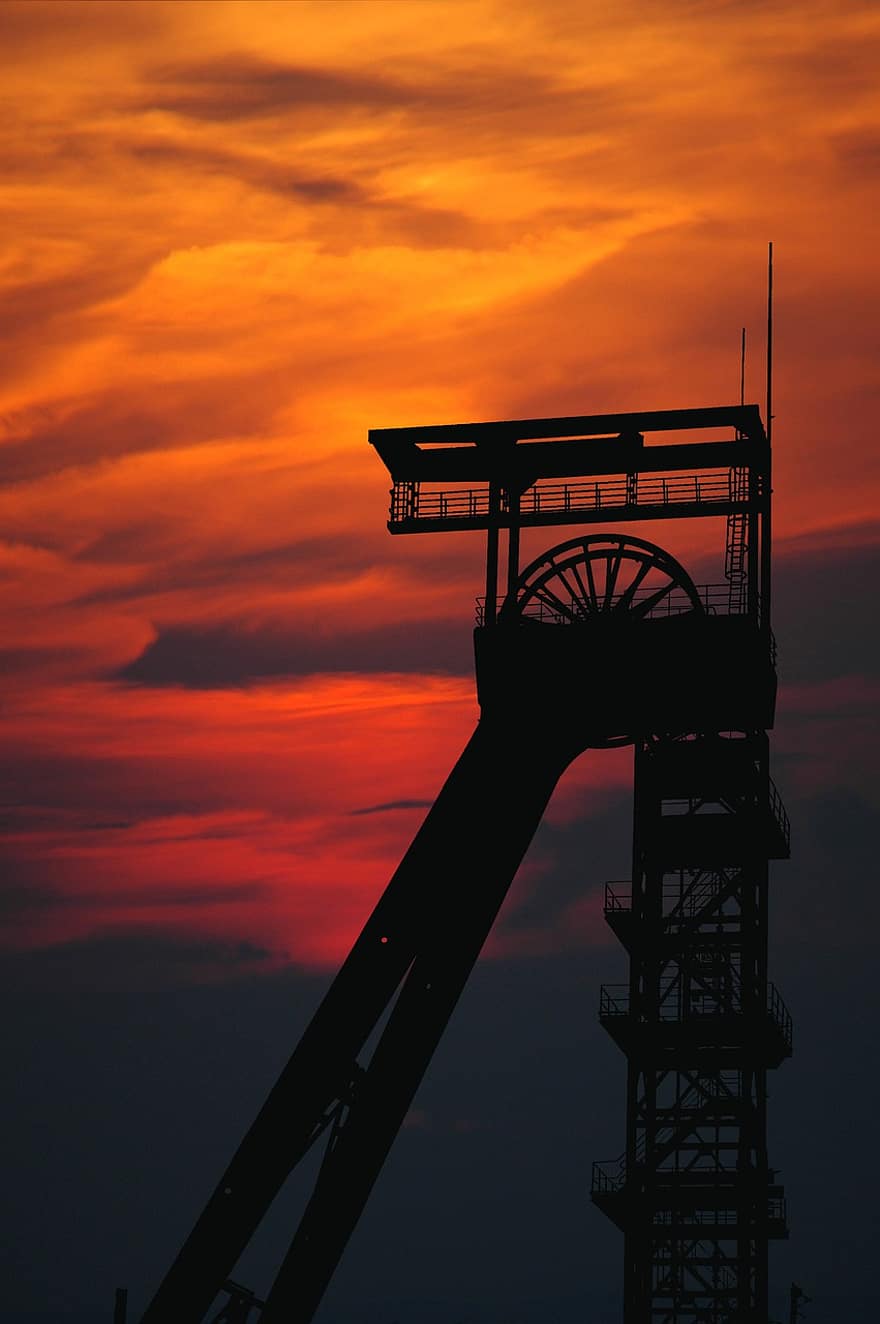 torre, mía, puesta de sol, carbón, industrial, oscuridad, crepúsculo