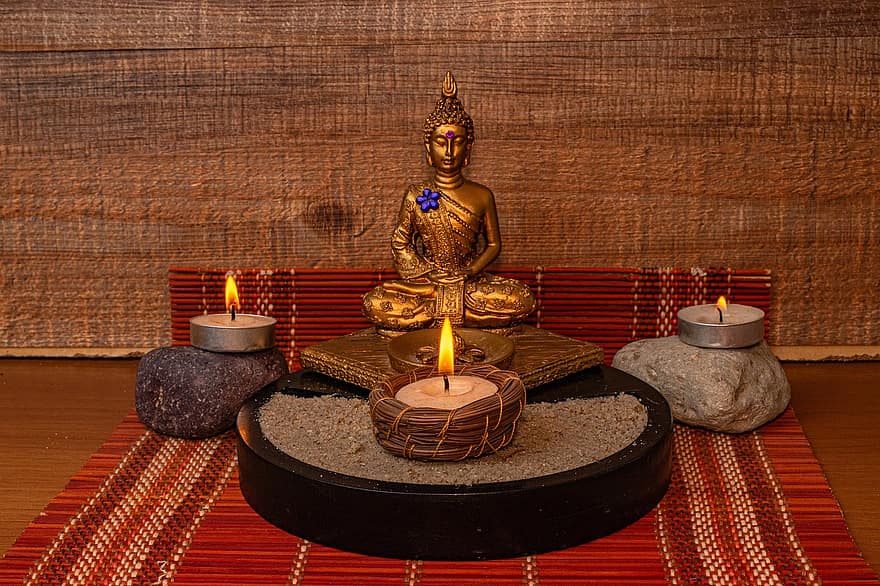 Budda, statua, świece, duchowy, medytacja, pokój, relaks, rzeźba, światło ze świeczki, świece do herbaty, religia