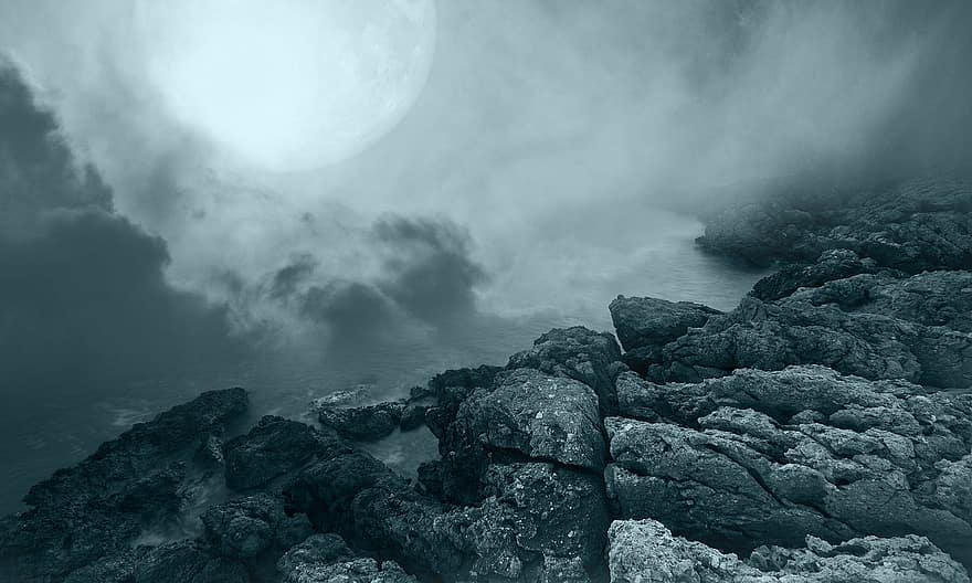 скеля, рефлексія, повний місяць, фон, шпалери, фантазія, місяць, вечірній, хмари, природи, краєвид