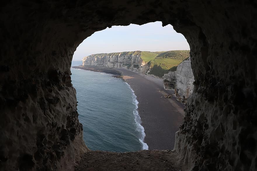 море, пляж, океан, Нормандия, туризм, природа, пещера, приключение