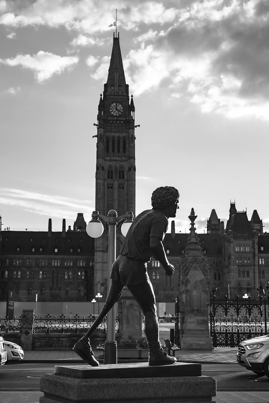 Terry Fox, Stature, Parlament, Parlament Hill, Canada, Ottawa, Landmark, City, black and white, architecture, famous place