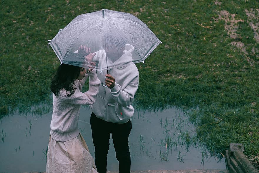 Regen, Gras, Paar, Frau, Regenschirm, Erwachsene, Männer, Wetter, nass, zwei, Menschen