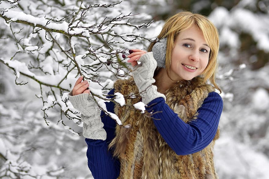kvinde, vinter, Skov, portræt, sne, udendørs, natur, Parken, ung kvinde, hvid, vinter tøj