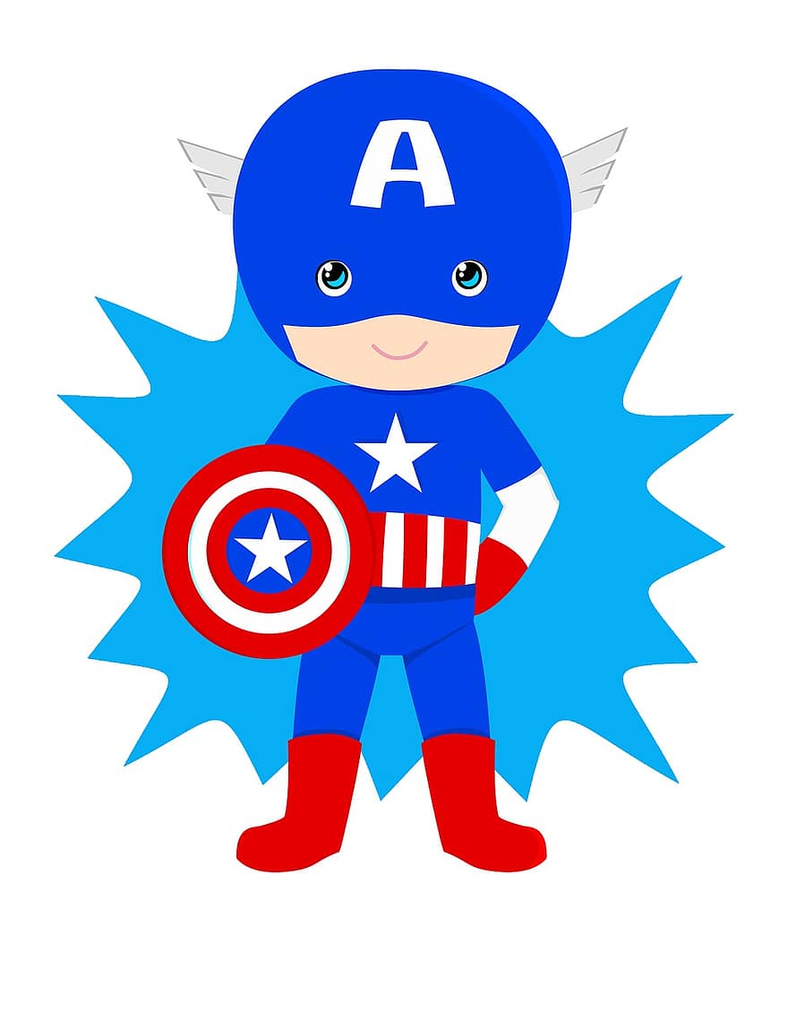Kapteinis amerikānis, mazulis, varonis, superhero, radošs, lepnums, mēness gaisma, komikss, pilsēta, krūtīs, super
