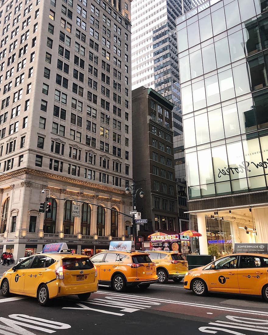 taxi, ciudad, Nueva York, turismo, viaje, edificios, arquitectura, rascacielos, calle, coches