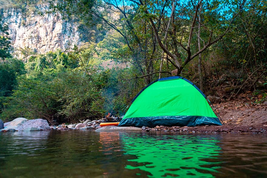 tent, kamp, rivier-, vreugdevuur, berg-, Bos, avontuur, camping