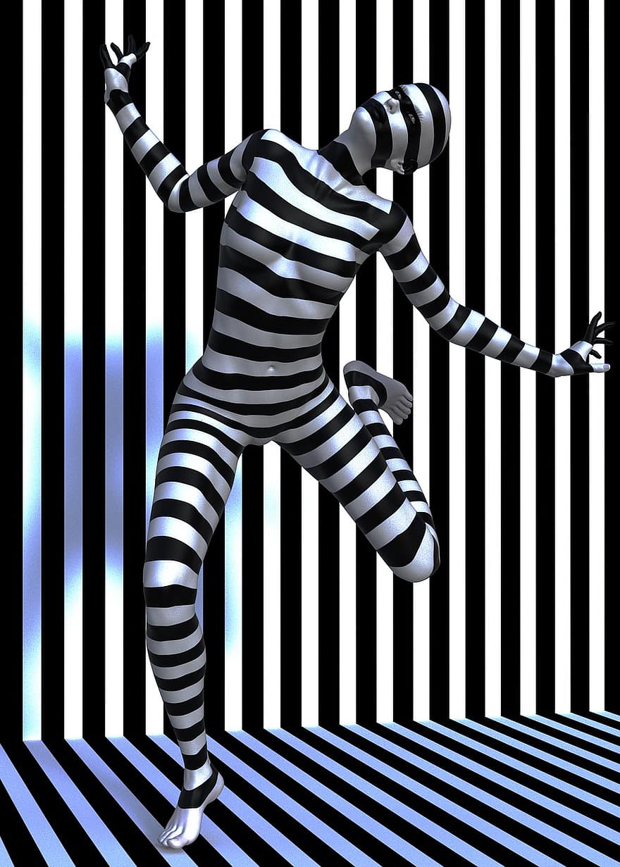 Woman, Body Painting, Bodypaint, Striped, Black White, Pantomime, Dance, Movement, Expression, Beauty, Female