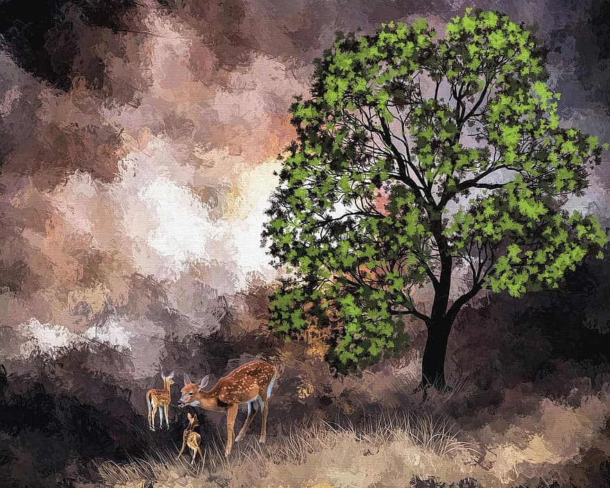 Landscape, Trees, Deer, Wildlife, Fog, Morning, Digital Art, Artwork, Art, Digital Painting, Decoration
