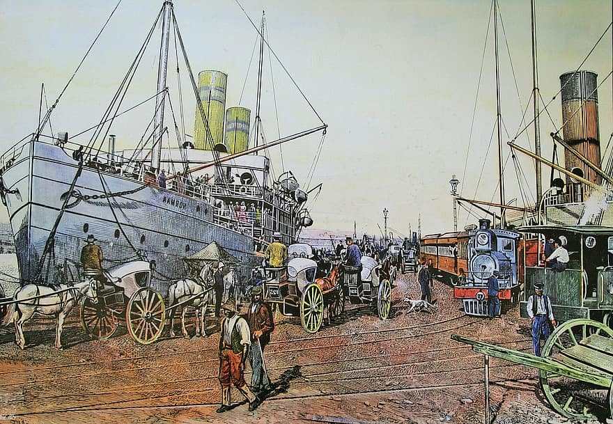 ميناء كيب تاون 1898 ، يوم البريد ، قلعة تينتاجيل ، سفينة ، يونيون كاسل لاينر ، رسم ، فن ، اللون ، رصيف الميناء ، اشخاص ، الخيول والعربات