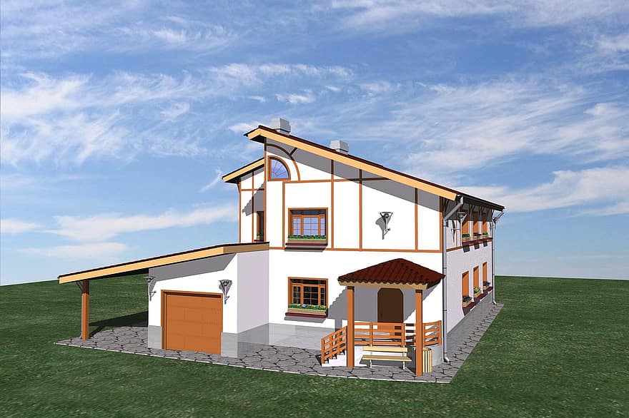Dům, chalupa, 3d, poskytnout, design, architektura, tráva, dřevo, letní, střecha, exteriér budovy