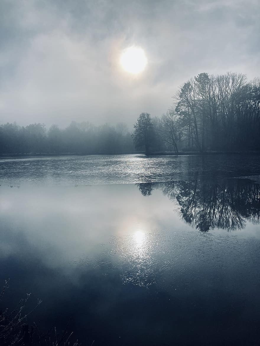 lago, niebla, amanecer, al aire libre, viaje, exploración, agua, paisaje, azul, árbol, reflexión
