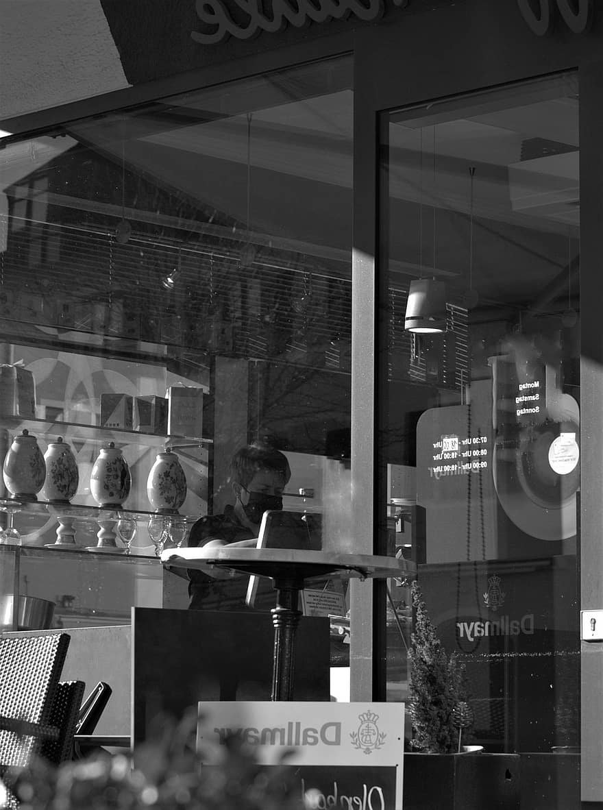 Coffee Shope, Store, Cafe, Monochrome, Window, Building, Entrance, black and white, men, women, adult