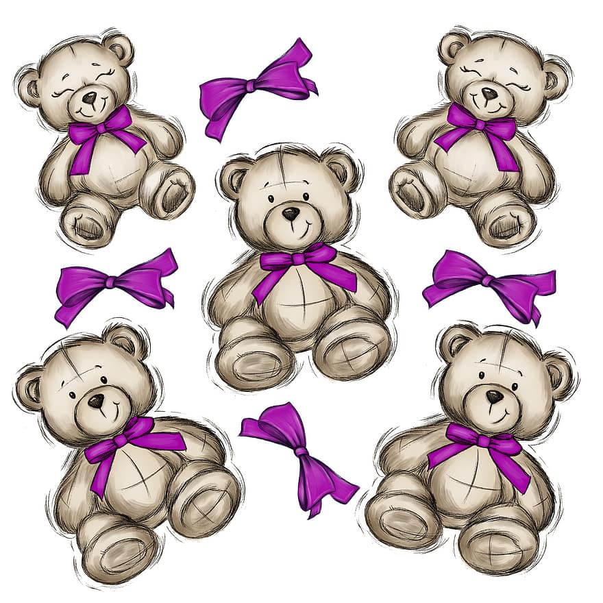 teddies, björnar, ties, illustration, charmig