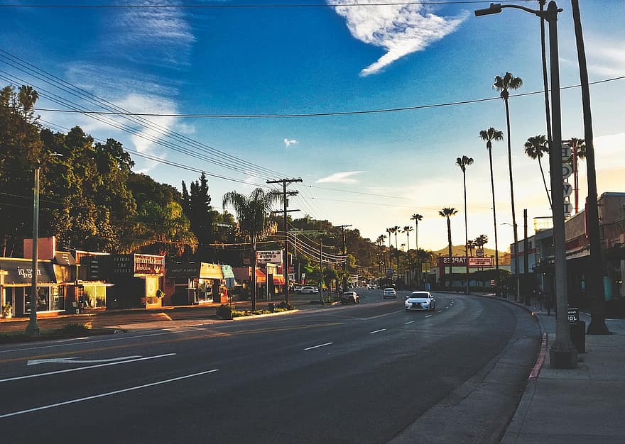 Droga, pojazdy, Los Angeles, ruch drogowy, samochody, palmy, Miasto, miejski, wschód słońca, ranek, poranny nastrój