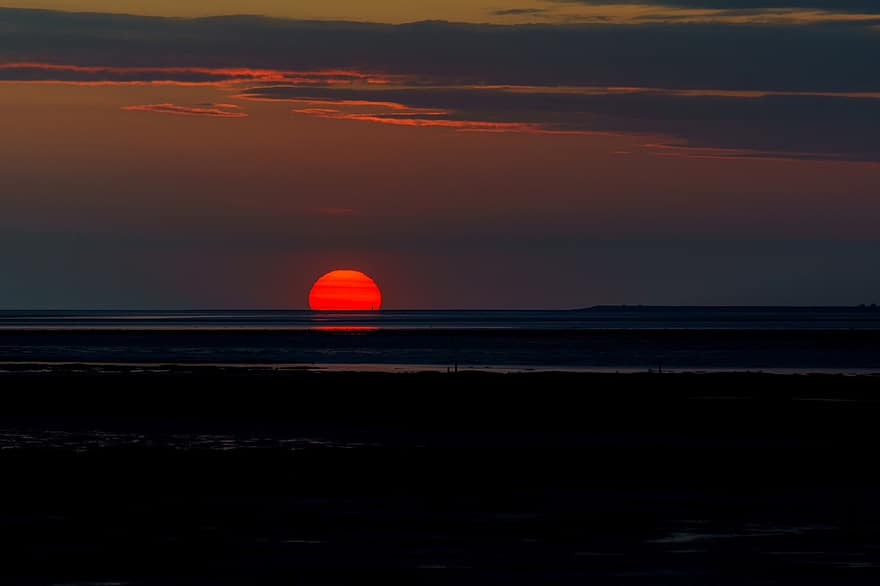 North Sea, Sea, Sunset, Dusk, Twilight, Wadden Sea, Afterglow, Clouds, Schleswig-holstein, North Friesland, sun