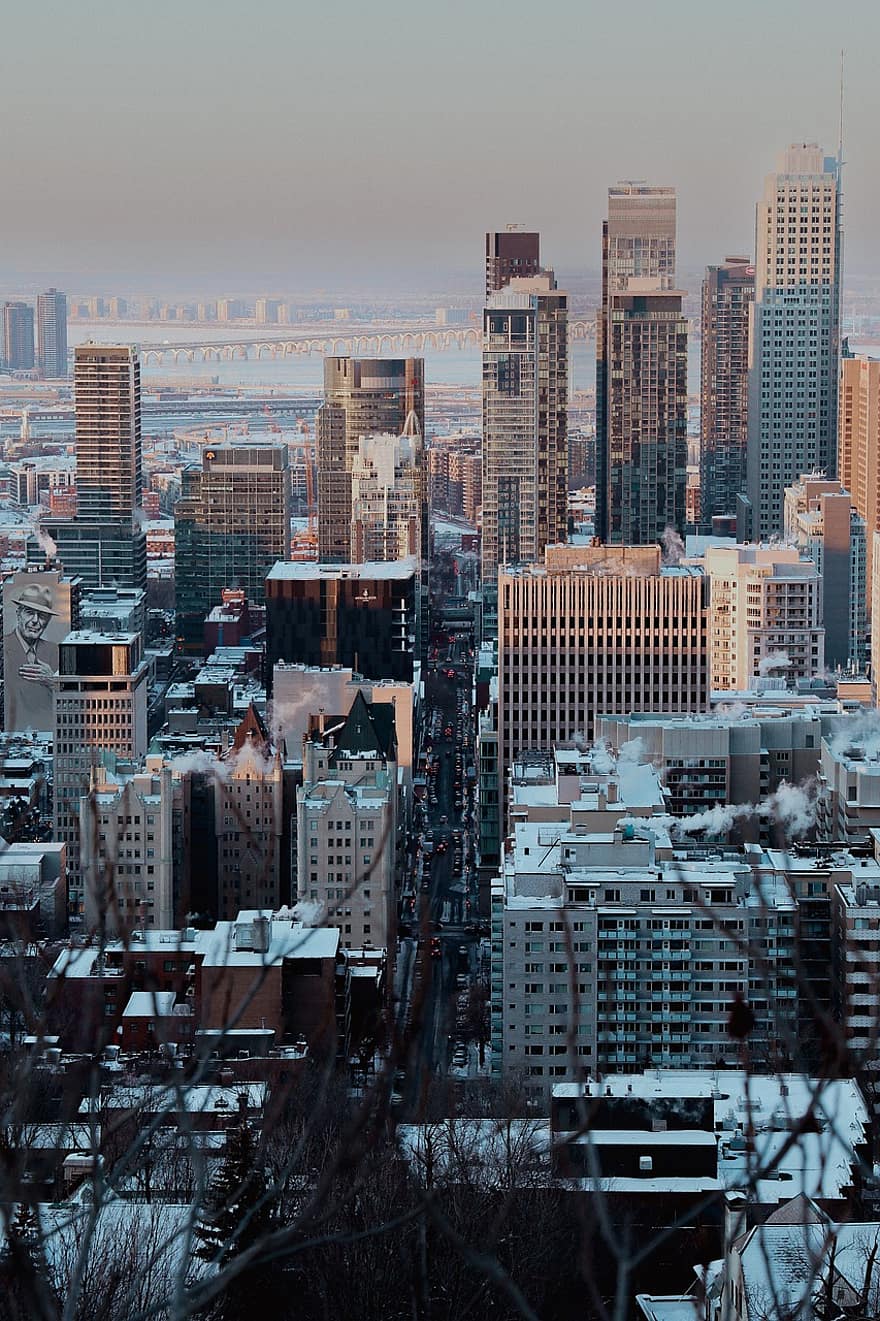 Montreal, město, zimní, Kanada, sníh, mrakodrapy, budov, panoráma města, mrakodrap, městské panorama, architektura