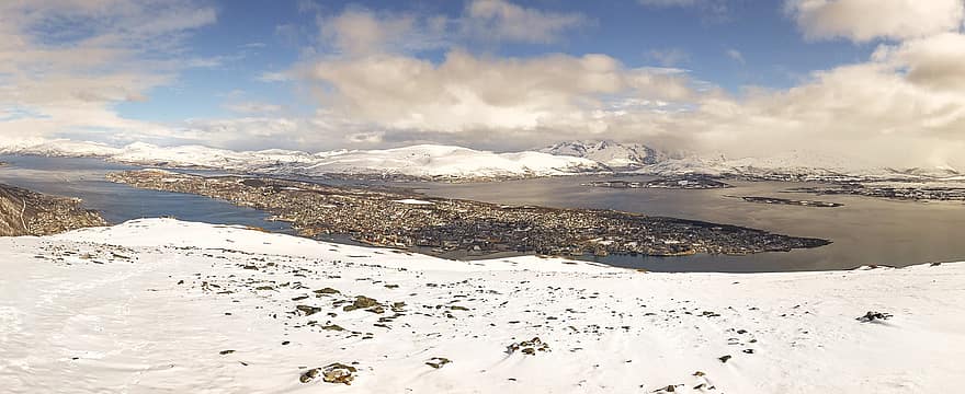 Noruega, nieve, mar, fiordo, Tromsø, agua, ártico, montañas, escénico, naturaleza, islas