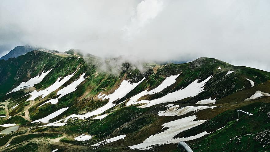 núi, sương mù, tuyết, Đỉnh hoa hồng, sochi, Thiên nhiên, phong cảnh, những đám mây