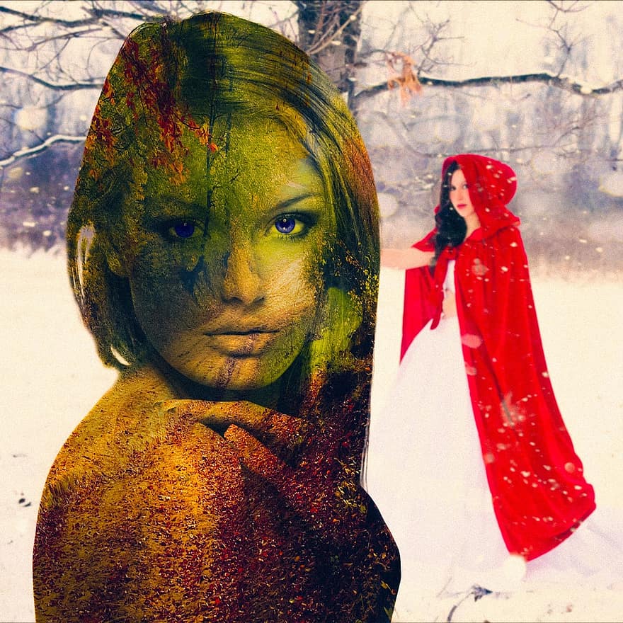 Frau, Foto, Schnee, rot, Weiß, Wald, Manipulation, mischen, Ausschluss, Reithaube, Blätter