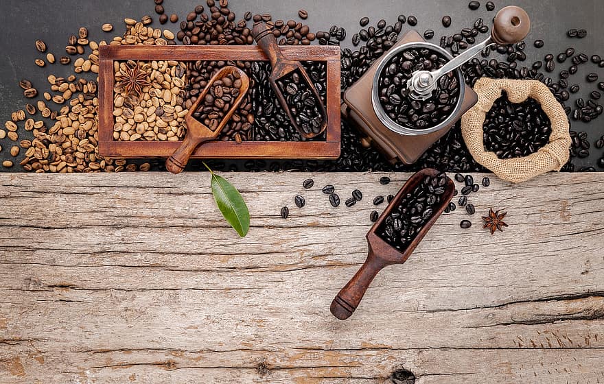 grains de café, pose à plat, Contexte, bois, arabica, Moulin à café, Moulin à café à main, des haricots, rôti, boisson, aromatique
