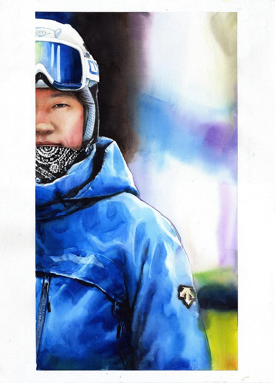 akvarel portræt, mand, portrætter, figur, ski, maling, hjelm, Daemon Orchestrator, Park Si-yeon, akvarel