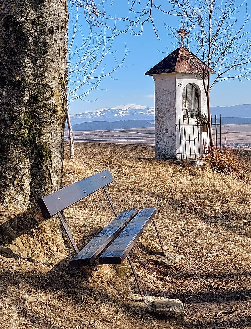 Chapel, Bench, Trees, Country, Panorama, Nature, Slovakia, Religion, Outdoors