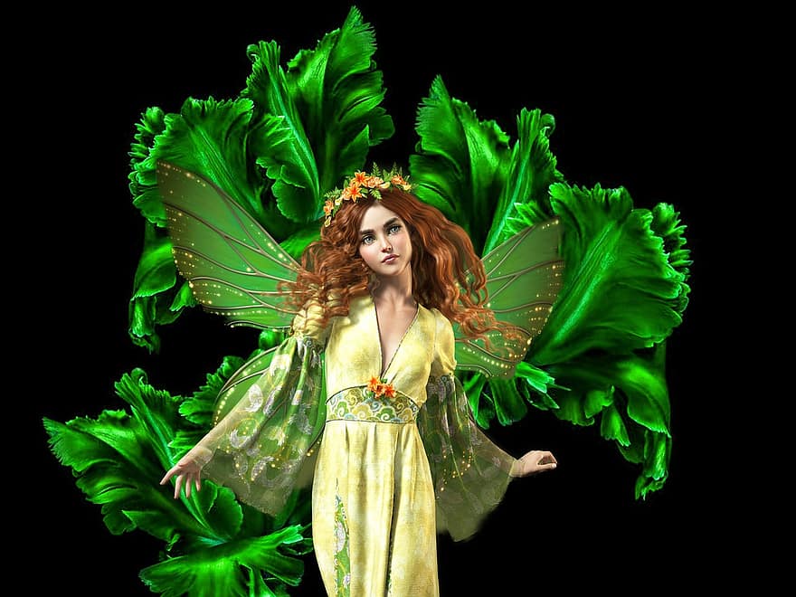 fondo, verde, flor, dama, fantasía, hembra, personaje, arte digital