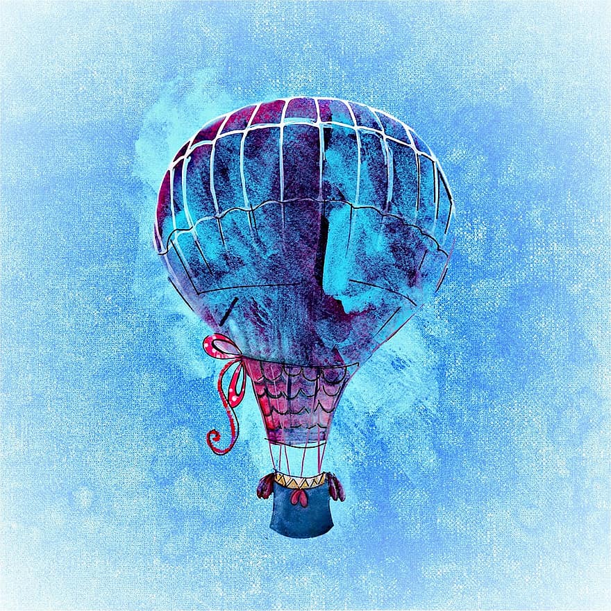 ballon, farverig, flyvende, himmel, akvarel, blå