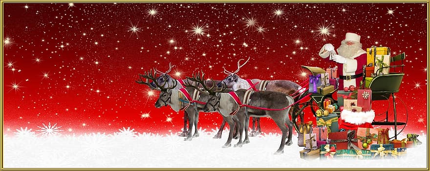 Kalėdos, Kalėdų laikas, dovanos, Kalėdų Senelis, Santa su rogėmis, pagamintas, skaidrę, elnių, skrajutės, Kalėdų sveikinimas, atvirukas