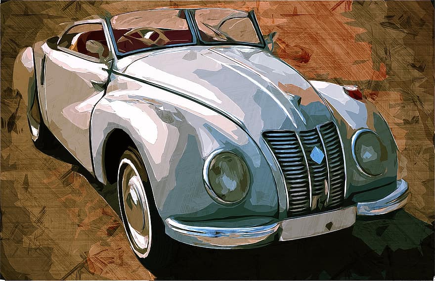 vintage, auto, glezna, akvarelis, klasika, vecs, automobiļi, antikvariāts, 1950. gados, vadīt, foto māksla