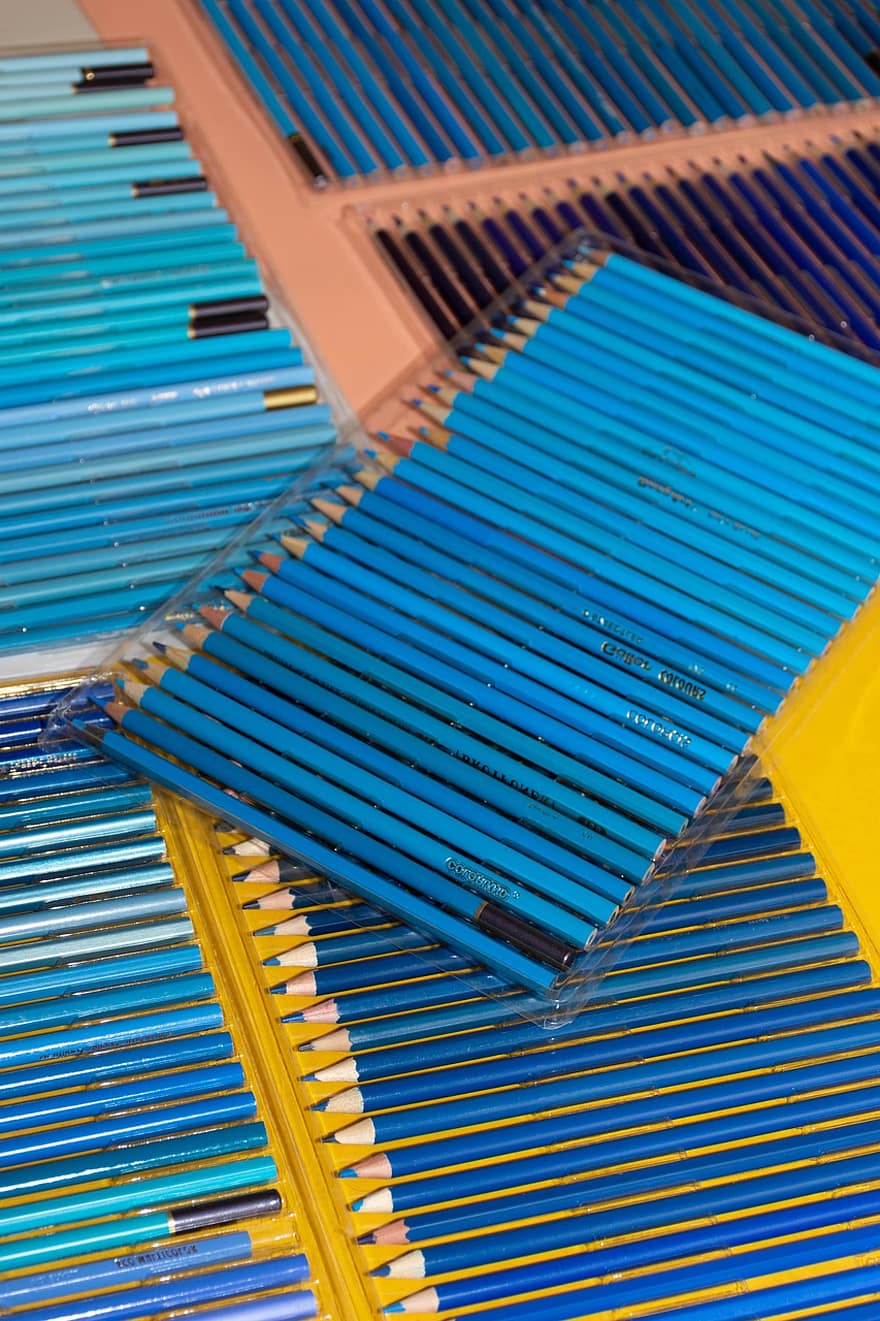 blå blyanter, farveblyanter, blyanter, kunst, kunst forsyninger, brevpapir, baggrunde, blå, mønster, tæt på, udstyr
