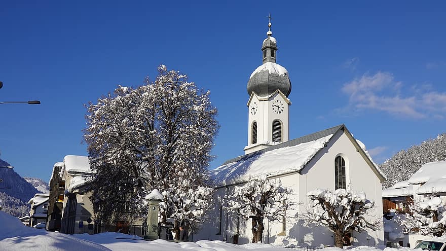 baznīca, sniegs, koks, ilanz