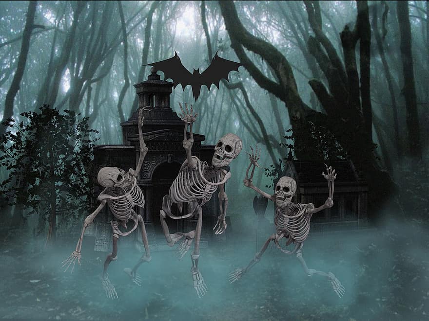 fondo, escalofriante, cementerio, esqueleto, fantasía, arte digital, Víspera de Todos los Santos, horror, oscuro, ilustración, noche