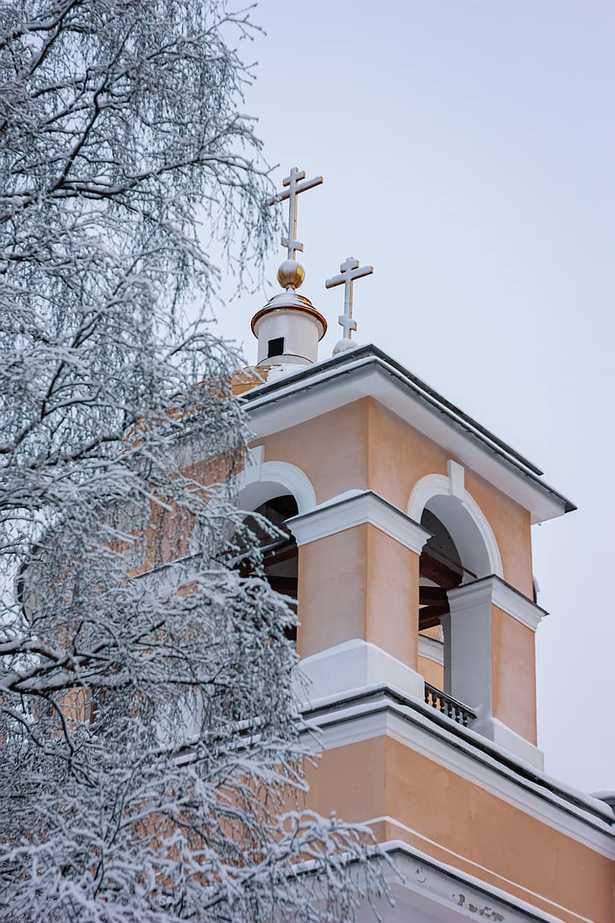 Església, campanar, creu ortodoxa, religió, neu, or, hivern