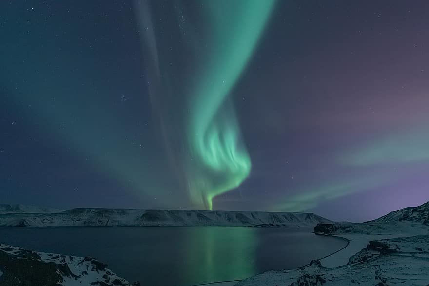 Aurora boreal, lago, neve, aurora, Luzes polares, luzes do sul, céu noturno, céu, noite, tarde, montanha