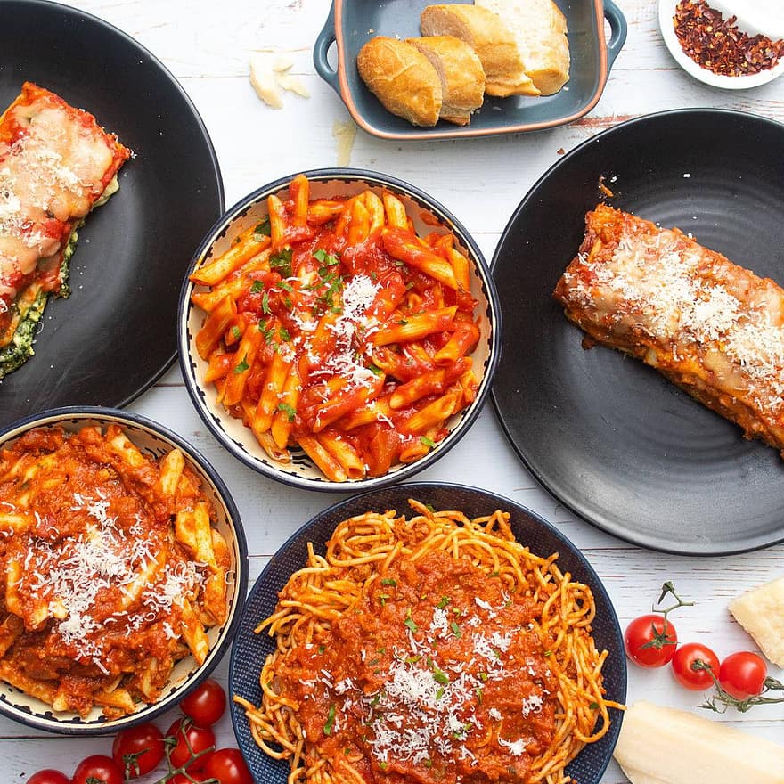 Lebensmittel, Pasta, Gericht, Küche, Lasagne, Penne, Spaghetti, Tomatensauce, Fleisch, Tomate, gebacken