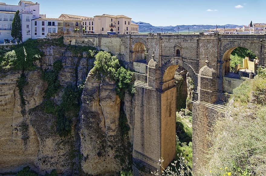 Espanja, Andalusia, Malagan maakunta, Ronda, kaupunki, historiallinen keskusta, silta, historiallinen, panoraama, näkymät, rock
